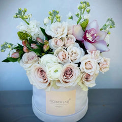 Absolute Flower Box Quicksand Roses, Mini Roses, Orchids, Stock, Alstroemeria