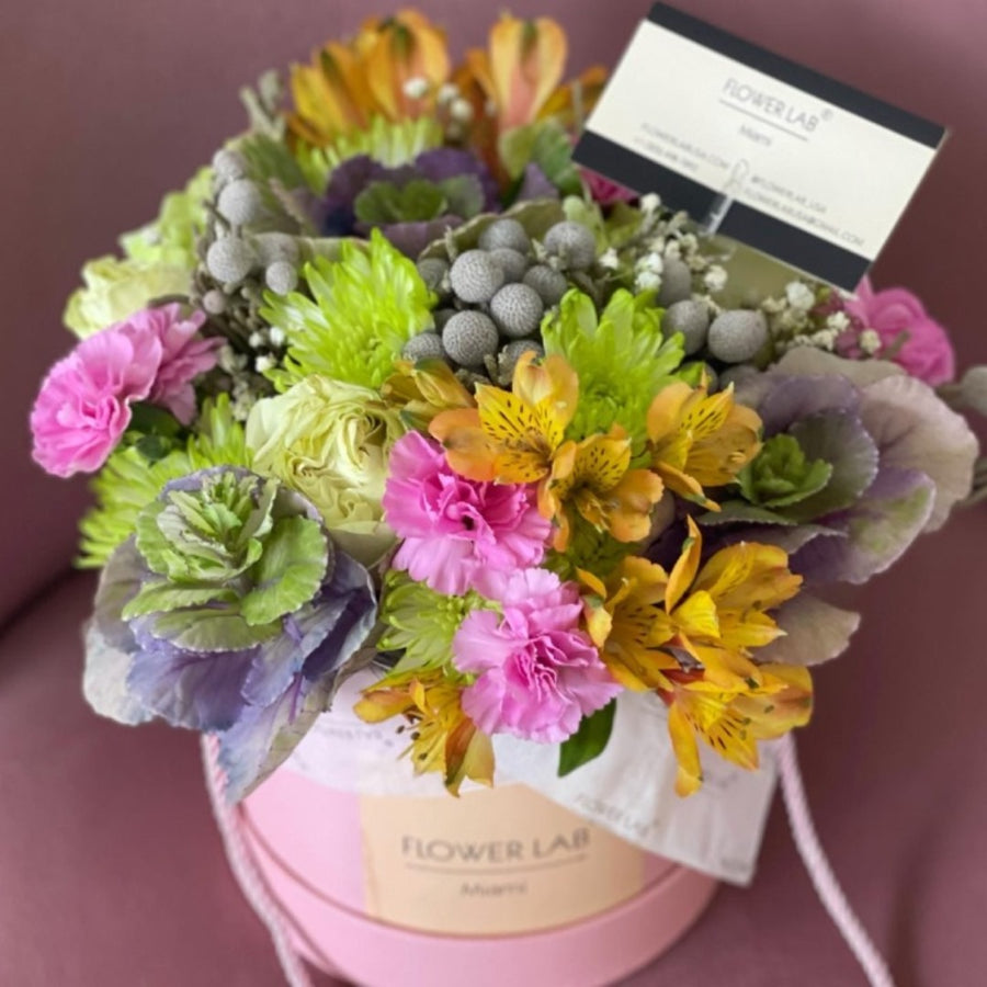 Mia mixed box with carnations, alstroemerias, kale,and roses