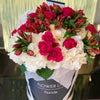Flowers in a box, spray roses, hydrangeas, alstroemerias