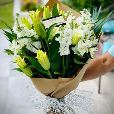 Beautiful White and Green Wrapped Flower Bouquet Miami
