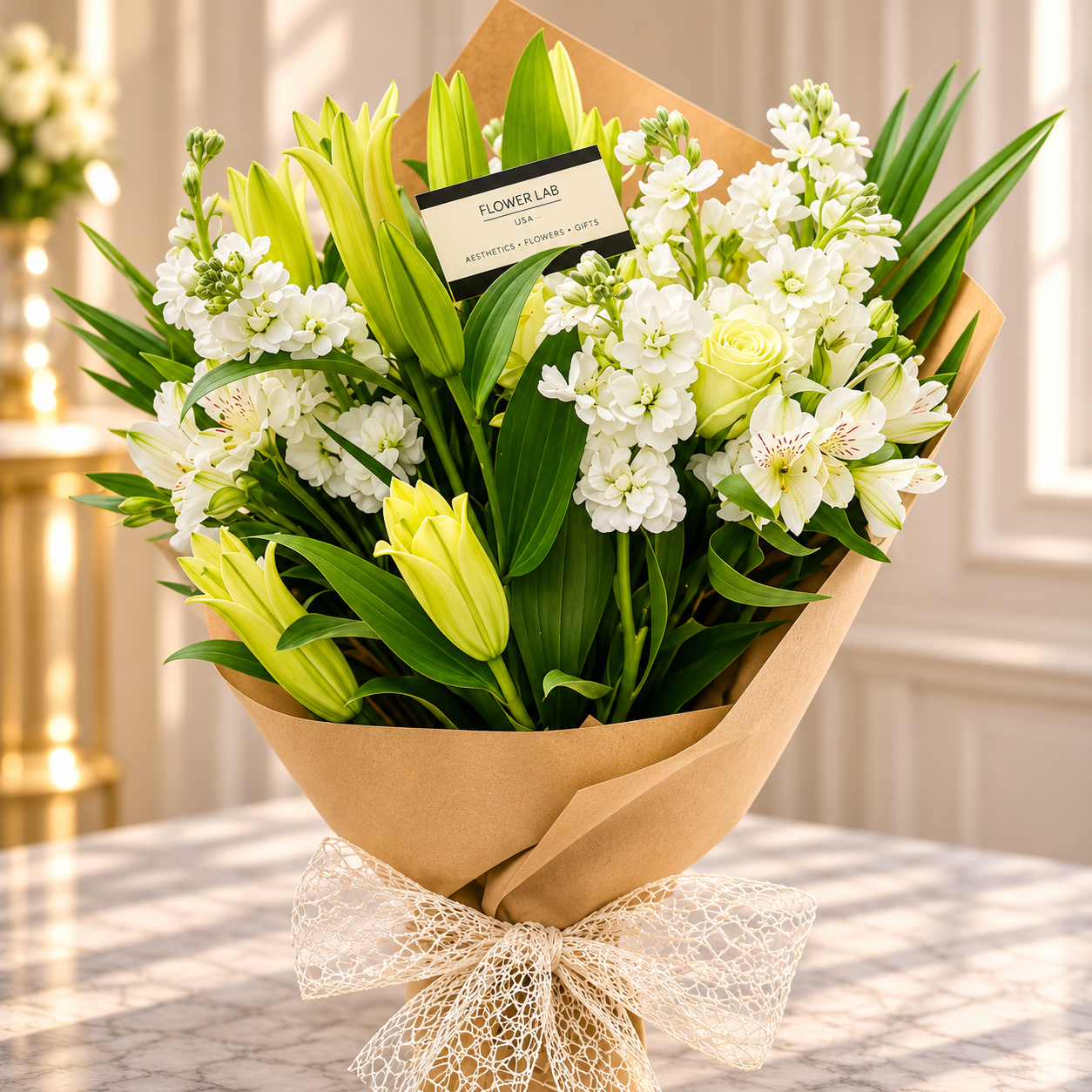 Beautiful White and Green Wrapped Flower Bouquet Miami