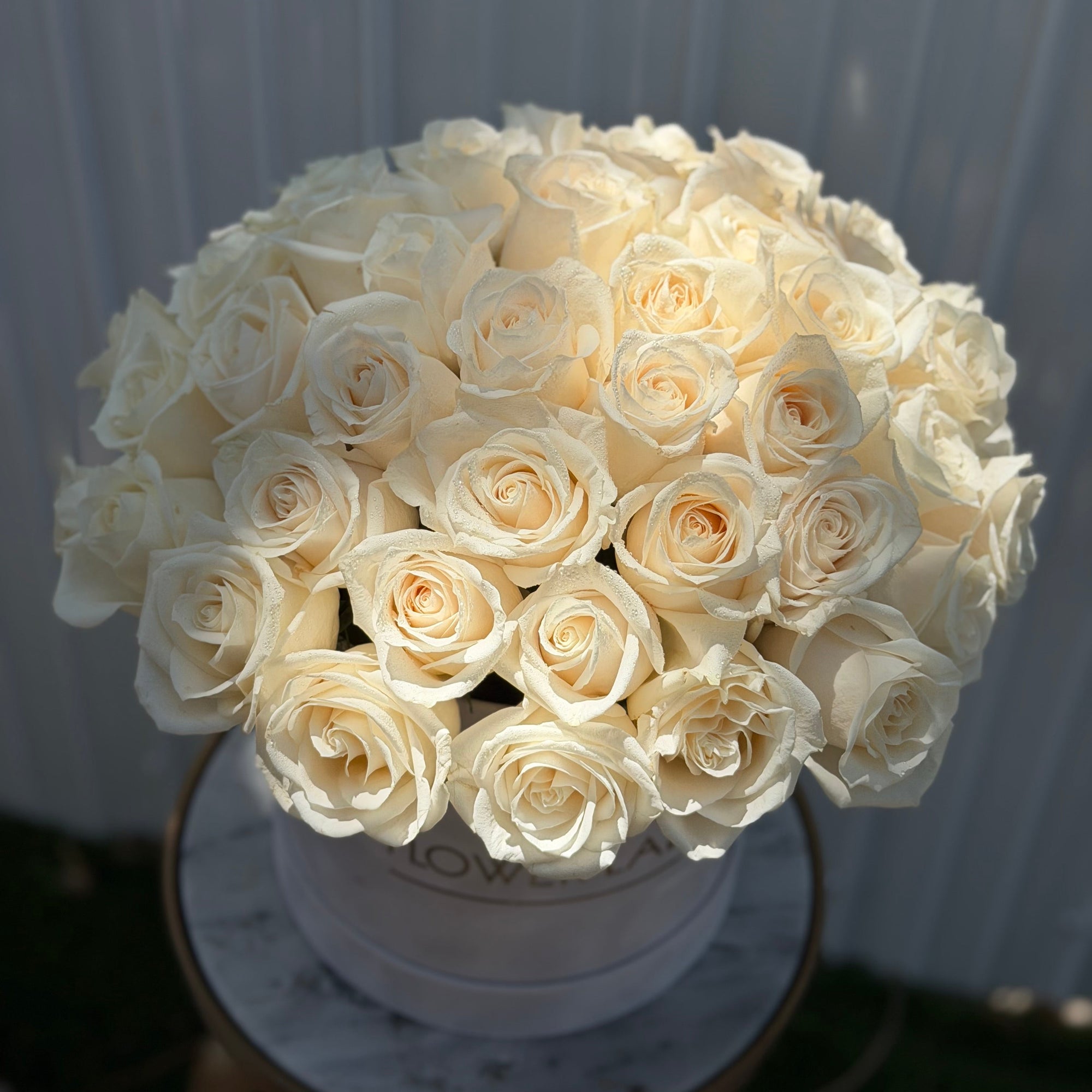 Lunette with white roses in a large box