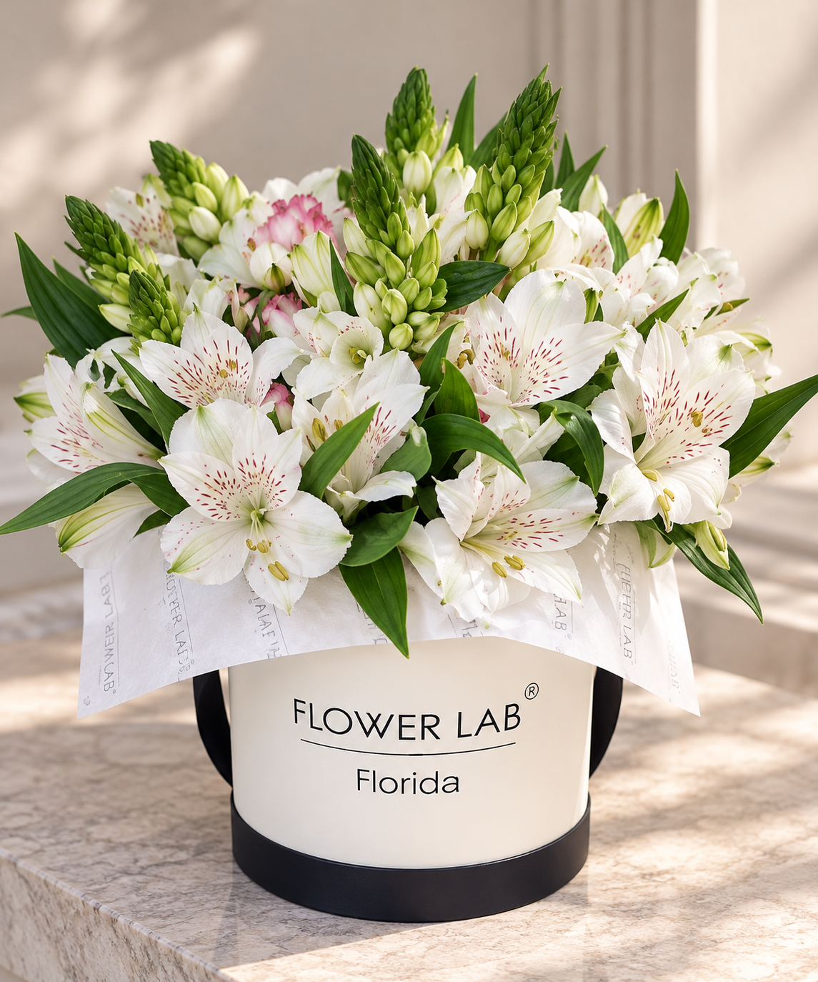 Alina in a box with alstroemerias and mini roses