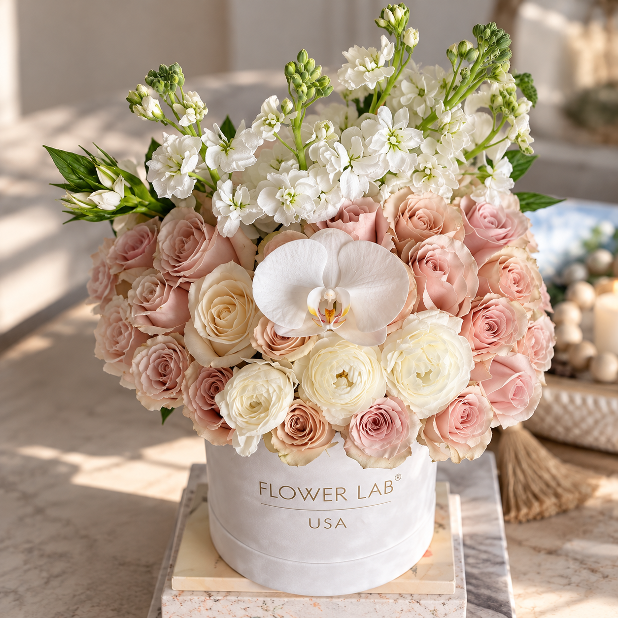Absolute Flower Box Quicksand Roses, Mini Roses, Orchids, Stock, Alstroemeria