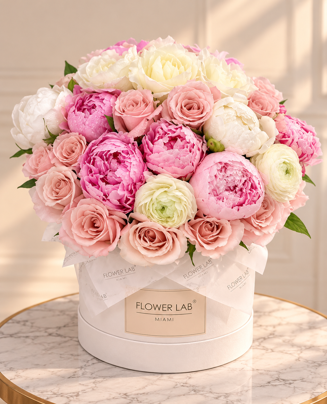A large, vibrant flower bouquet featuring pink and white peonies and roses arranged in a round white box with a 'FLOWER LAB MIAMI' label, set on a marble table.