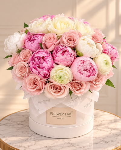 A large, vibrant flower bouquet featuring pink and white peonies and roses arranged in a round white box with a 'FLOWER LAB MIAMI' label, set on a marble table.