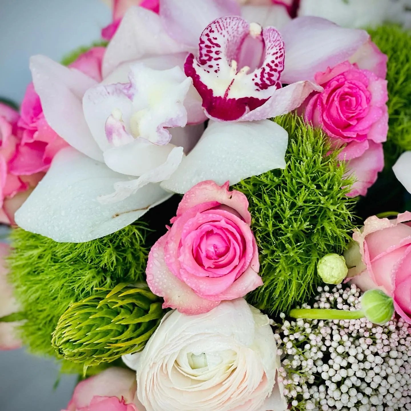 Florist Choice Flower Arrangement with Green Ball, Roses, Orchids