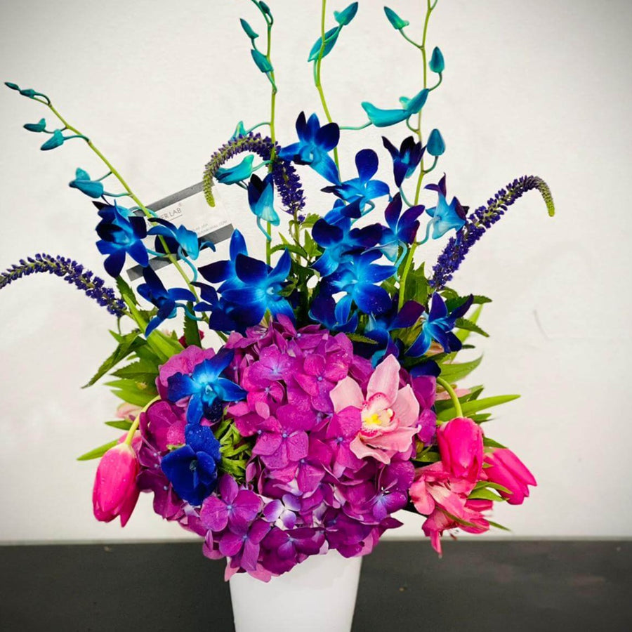 Purple Hydrangea Bouquet and blue orchids