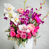 pink roses, white orchids,purple orchids