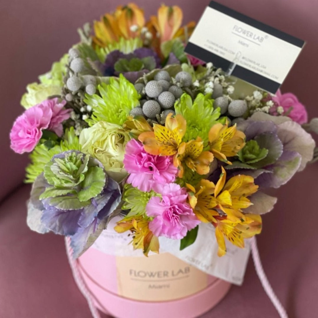 Mia mixed box with carnations, alstroemerias, kale,and roses