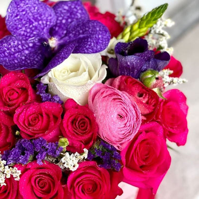 Geraldine Box Roses, Vanda Orchid Flower Arrangements