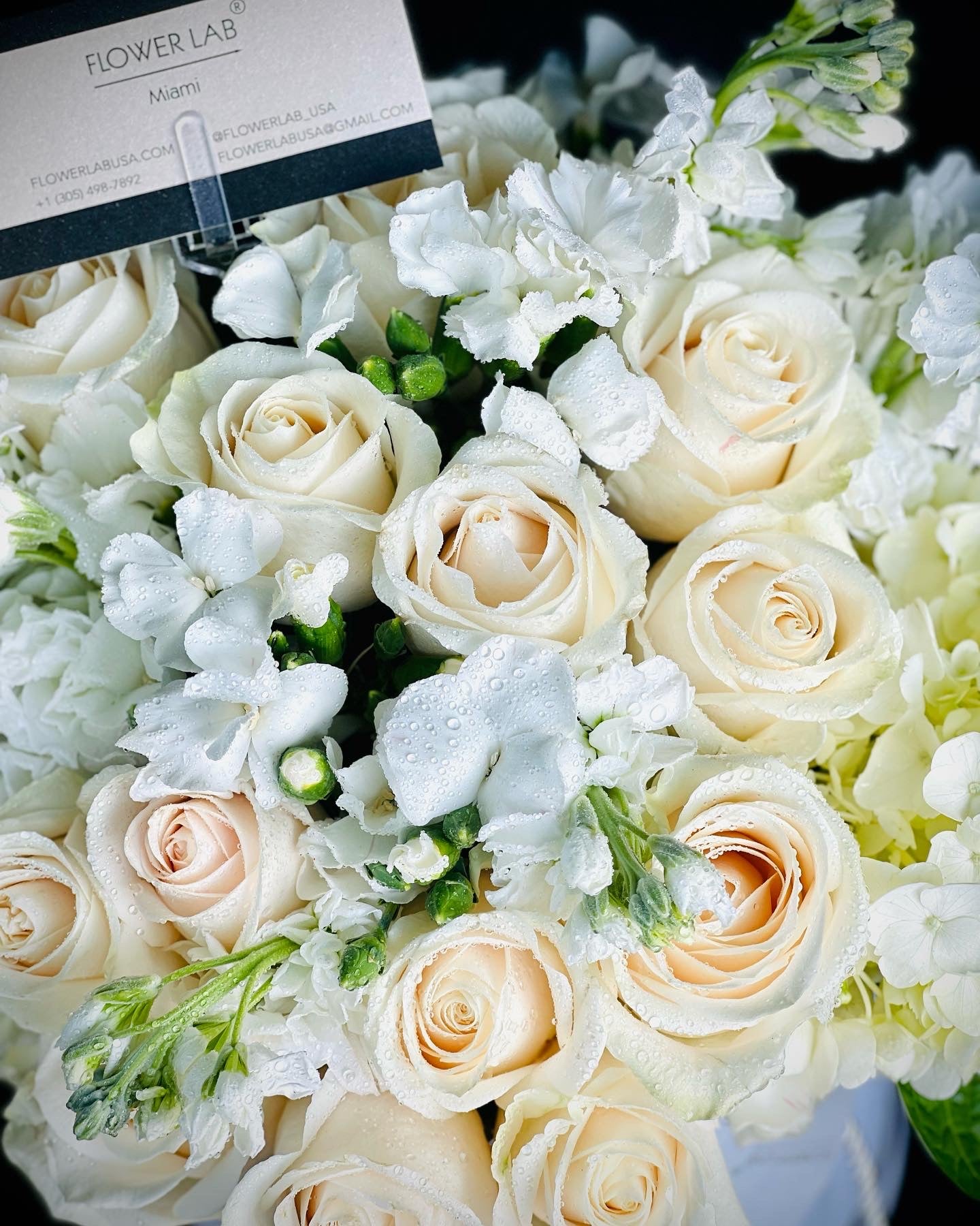 Gorgeous white roses with stock in a hat box. The perfect gift.
