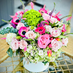 Anemones, hydrangeas, roses-Romantic florist choice arrangement