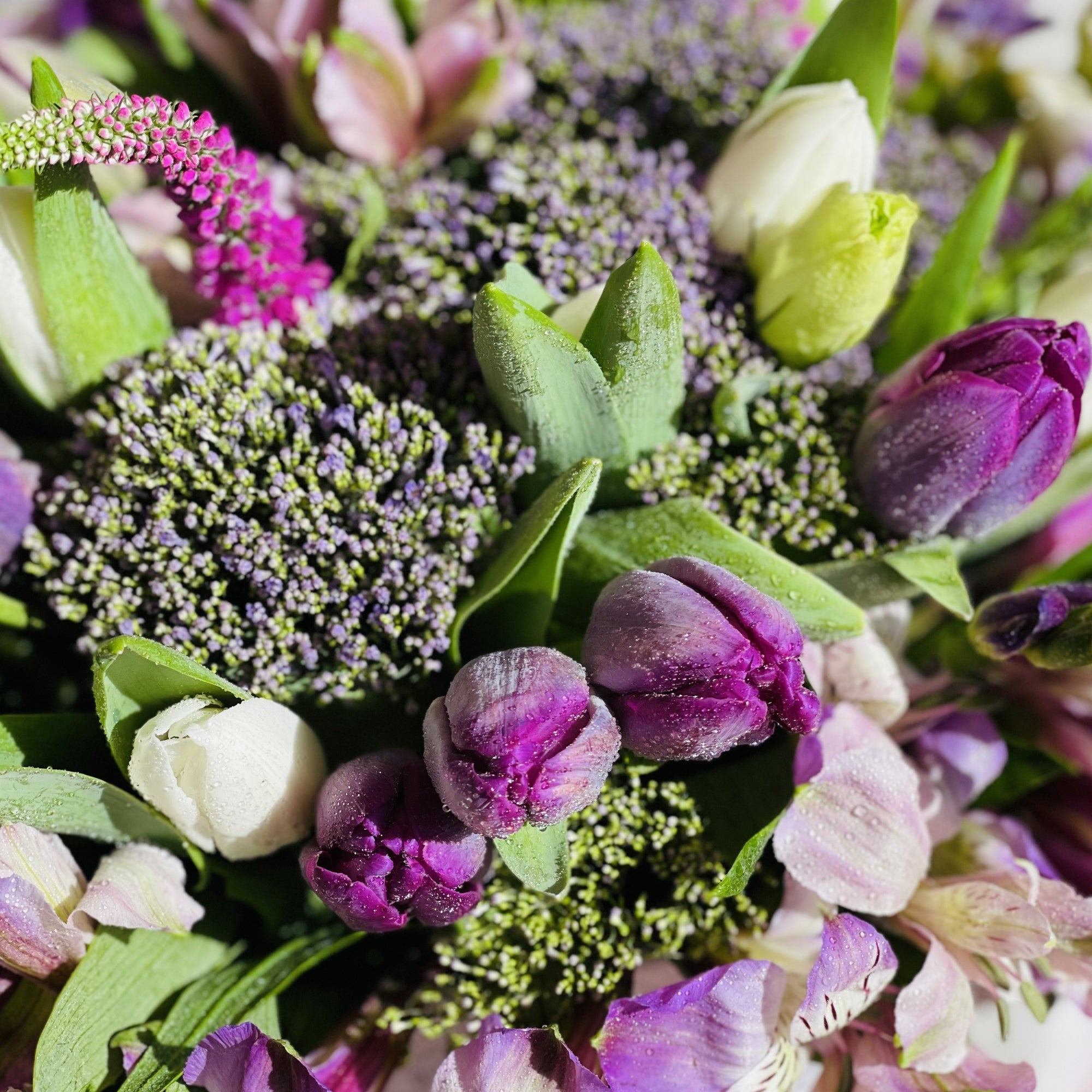 Medium box of purple tulips, alstroemerias and more