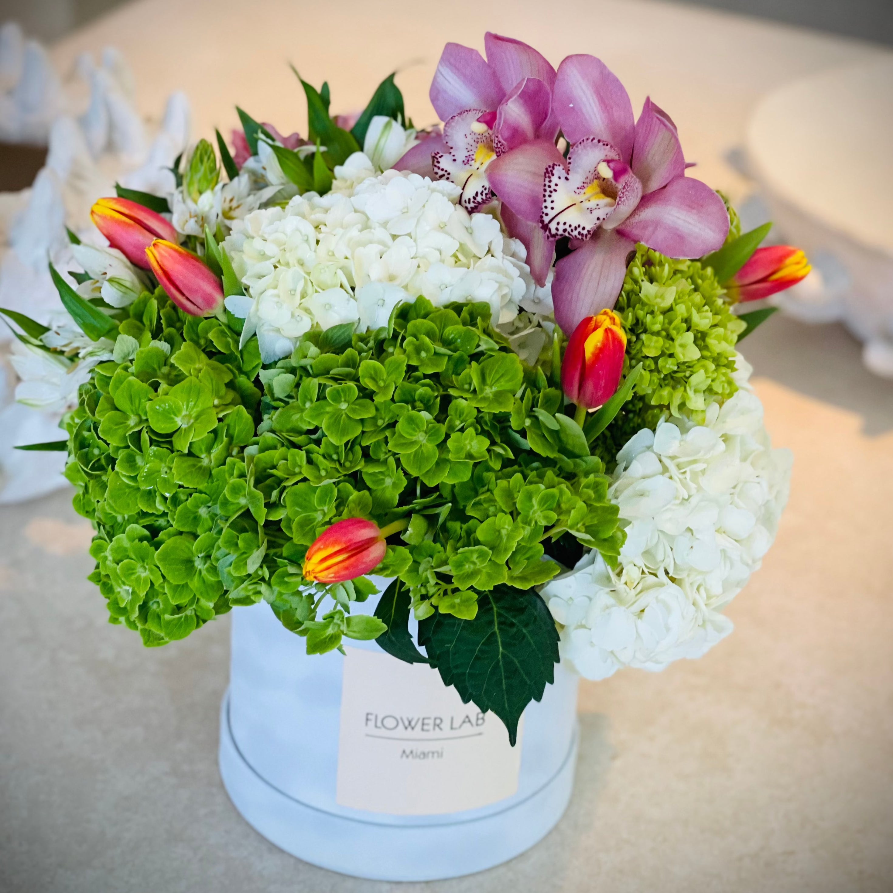 Alstroemeria Green Hydrangea Tulip Flower Arrangement mother's day