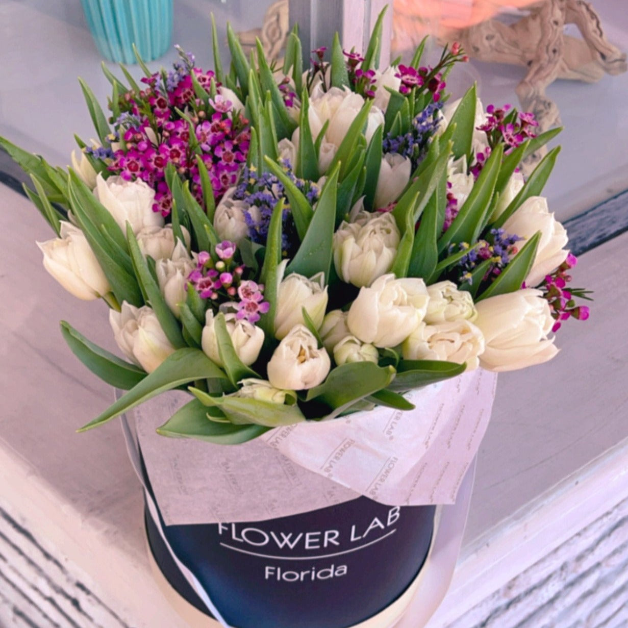 White Tulips with Wax Flowers Bouquet