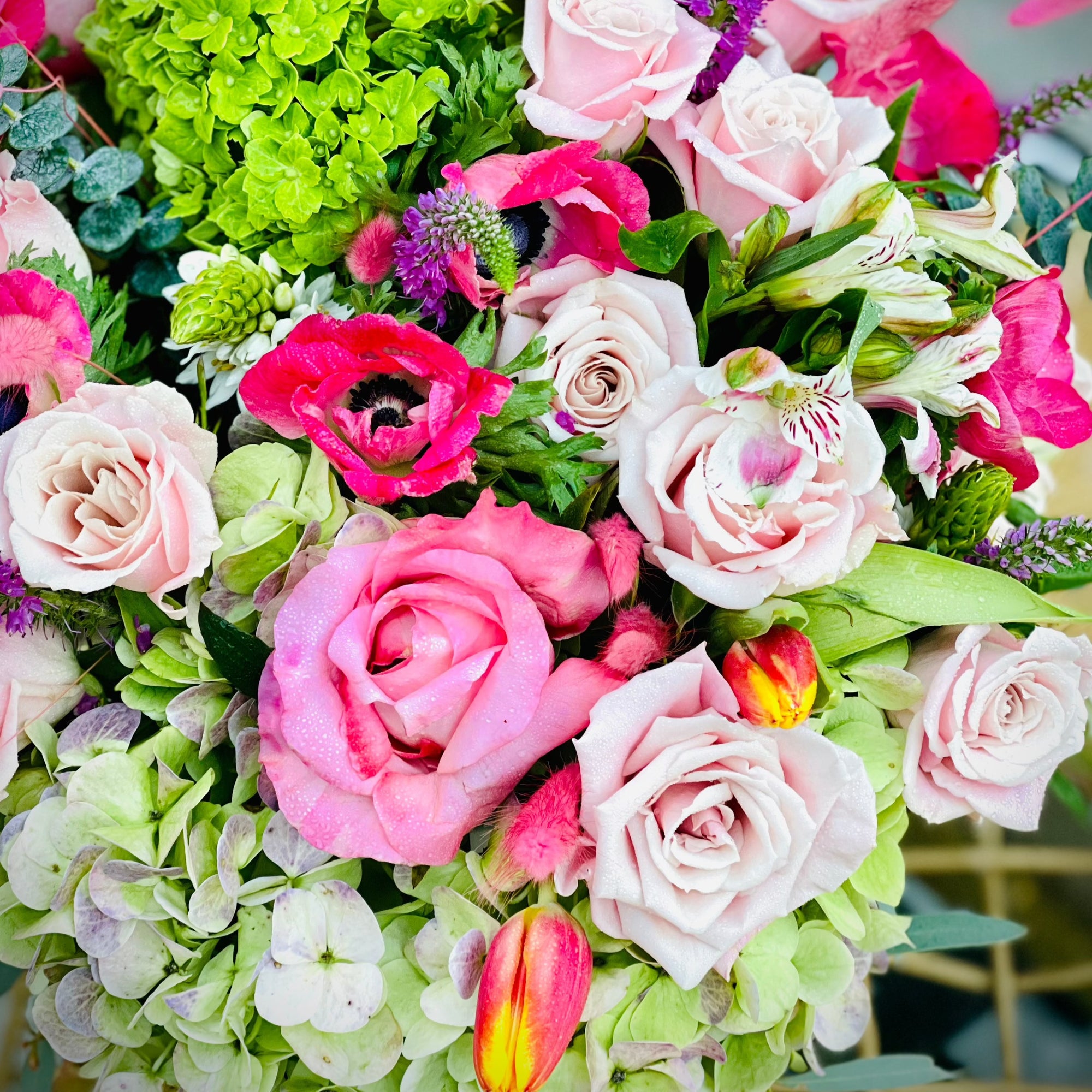 Anemones, hydrangeas, roses-Romantic florist choice arrangement
