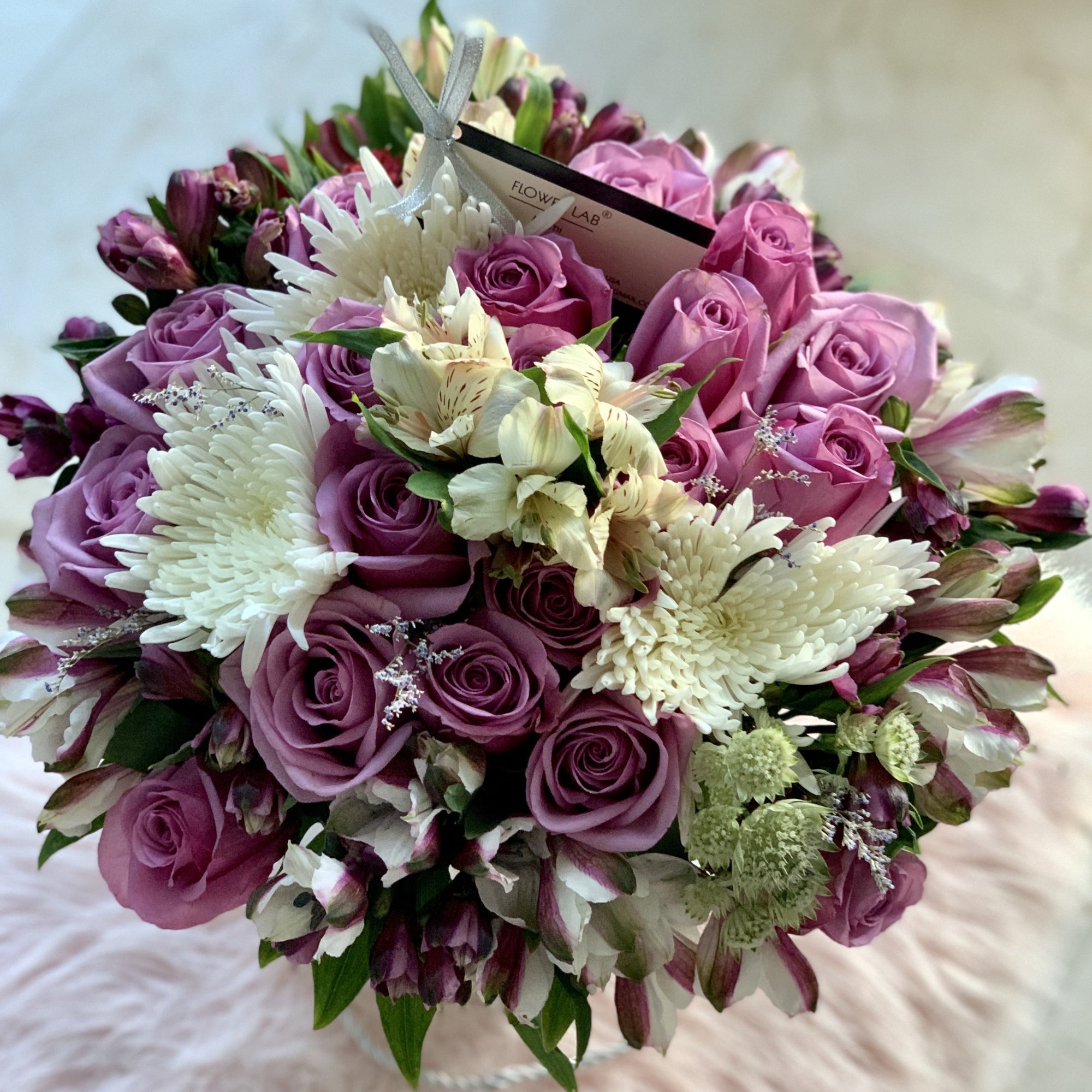 chrysanthemum, roses, alstroemerias, flower box