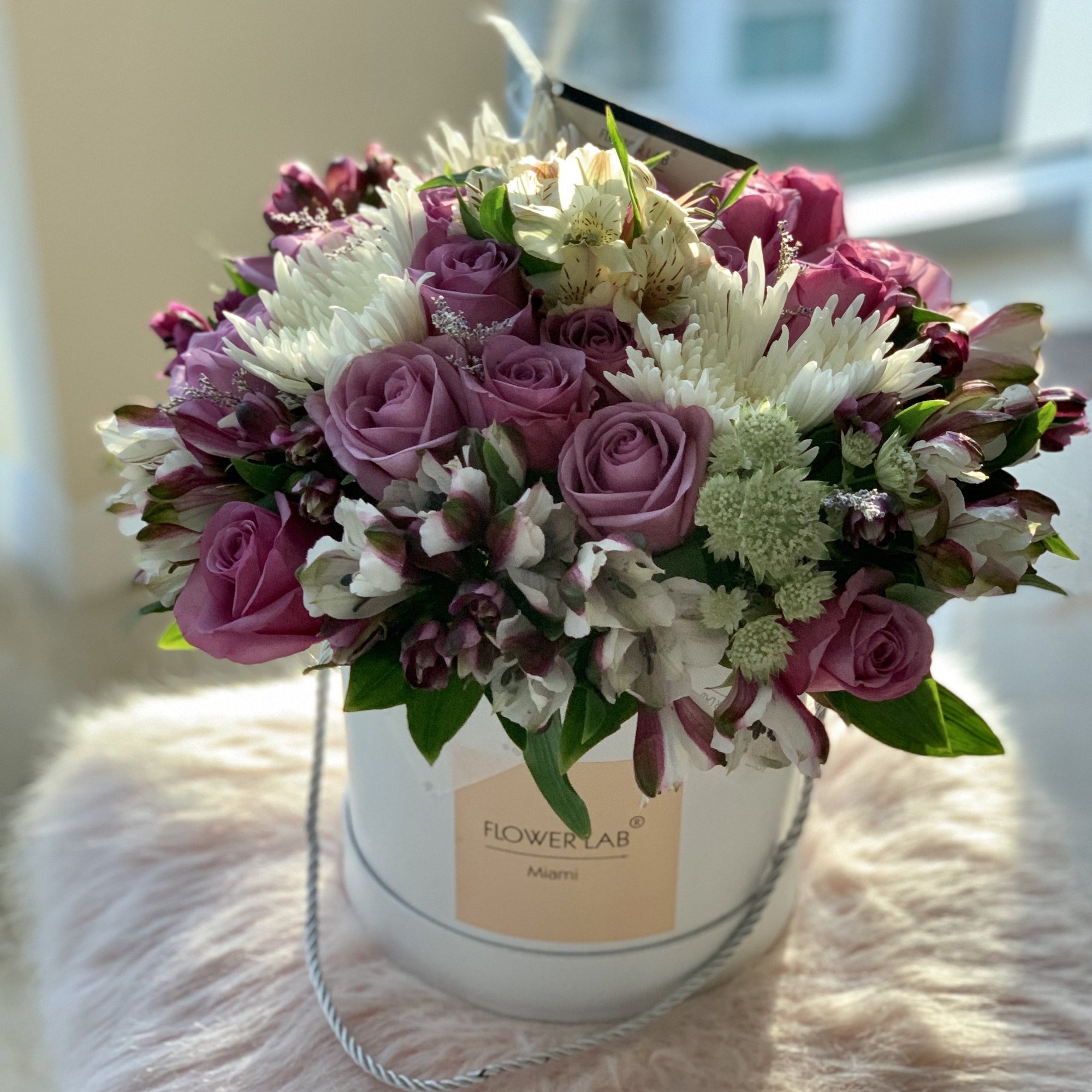 chrysanthemum, roses, alstroemerias, flower box