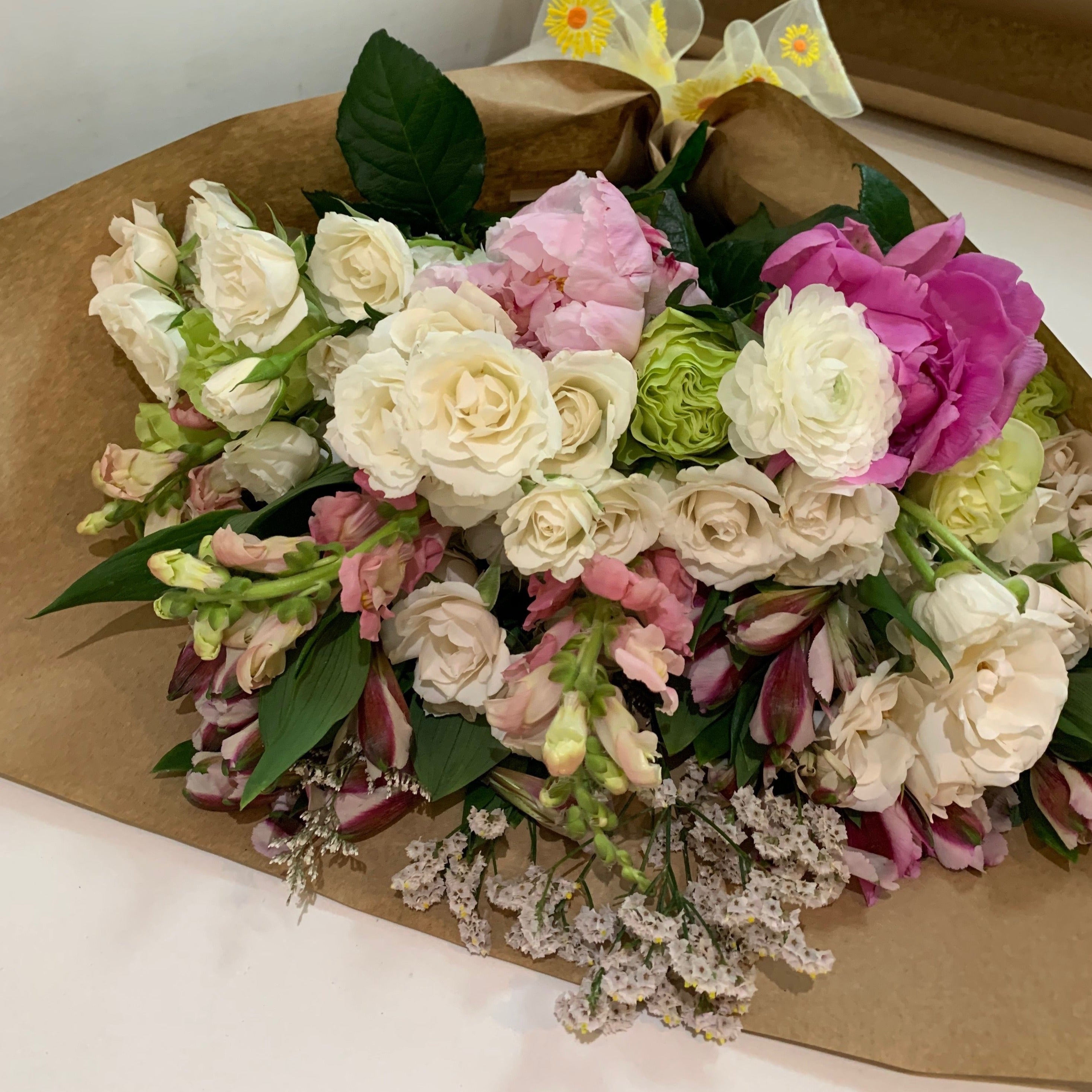 Wrapped bouquet of flowers