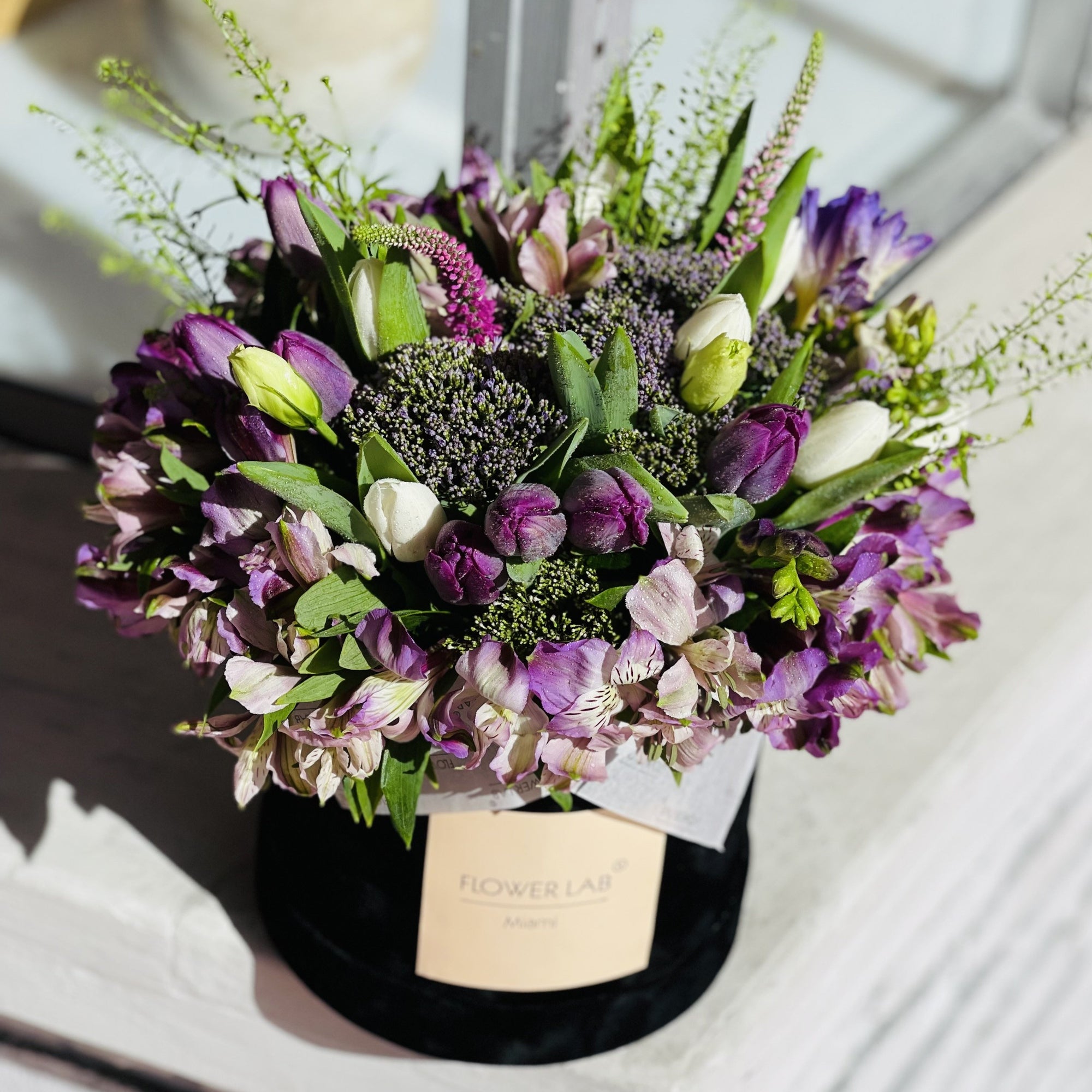 tulips, alstroemerias, flowers in a box, birthday flowers