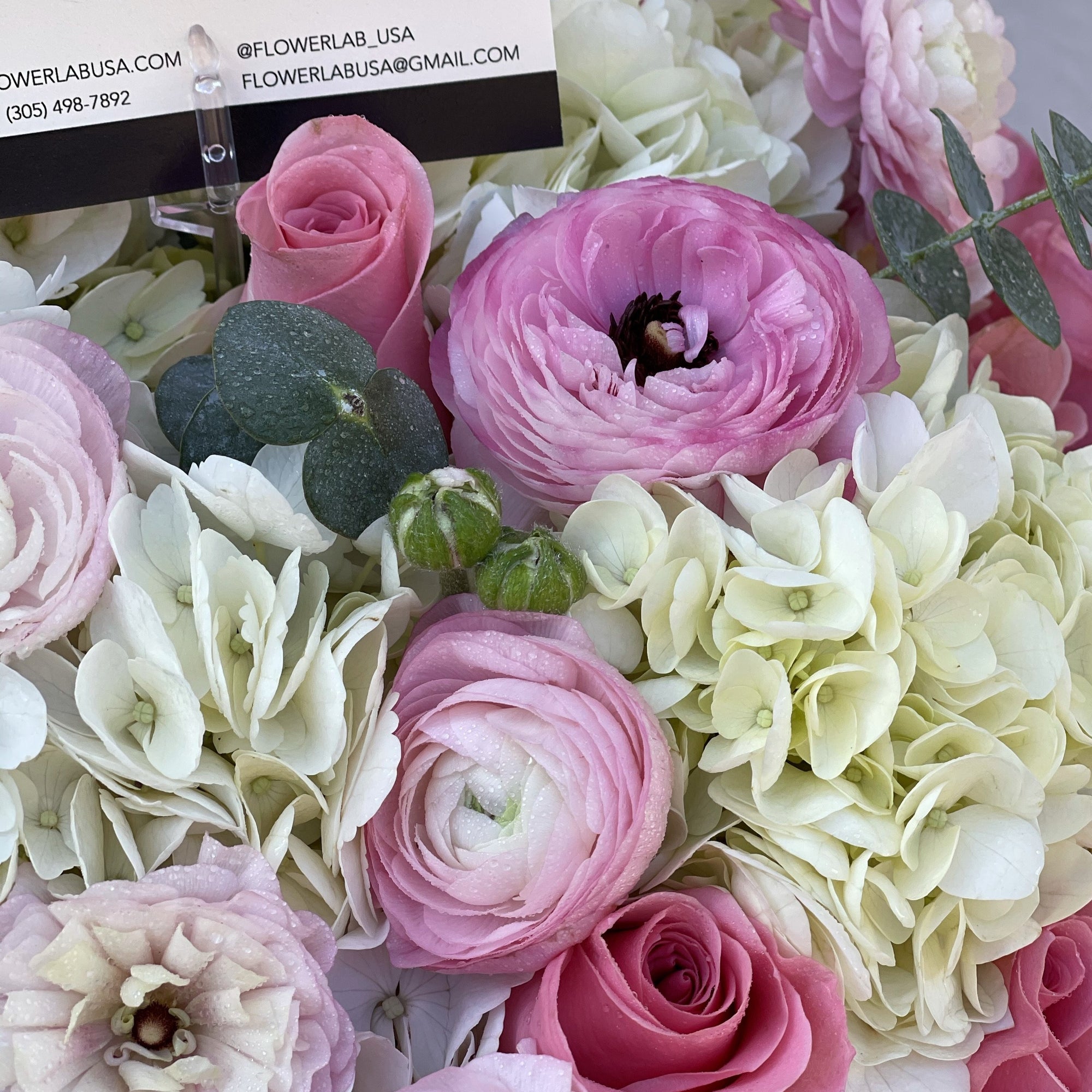 ranunculuses, hydrengeas, roses