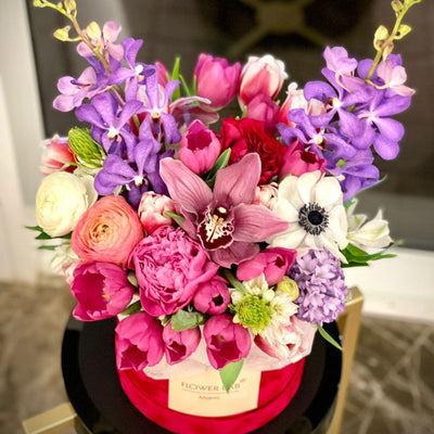 pink tulips, peonies,orchids, anemones